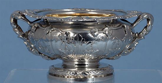 A heavy early Victorian two handled silver master table salt, by John Tapley, dia 135mm, weight 12.1oz/378grms.